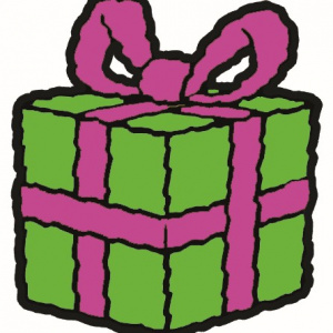 A small gift box in green with a purple ribbon